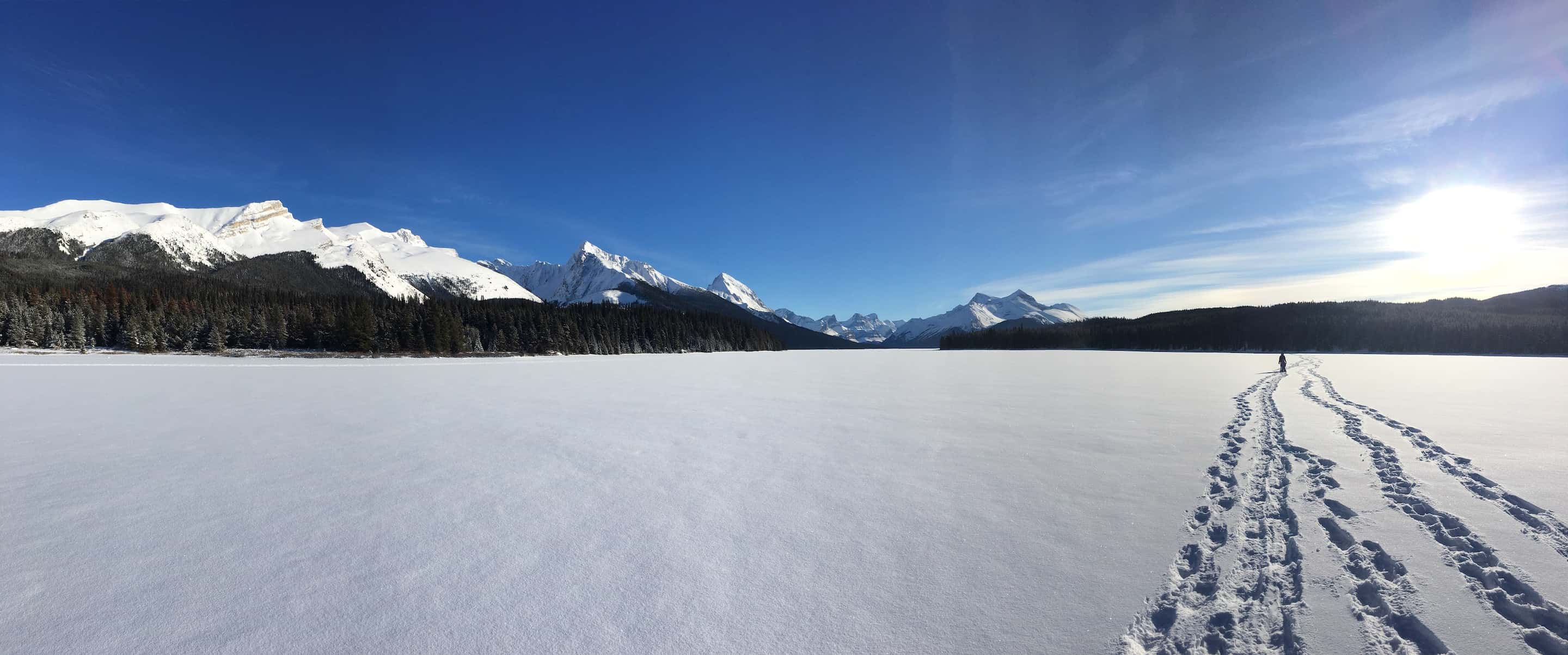 Winter landscape at Maligne Lake, Jasper, Alberta.
